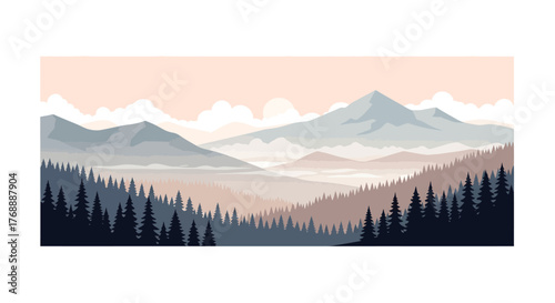 A serene landscape illustration featuring layered mountains, trees, and a soft, pastel-colored sky.