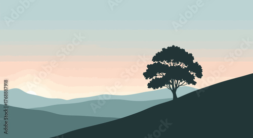 Minimalist landscape with tree silhouette on a hill at dusk.