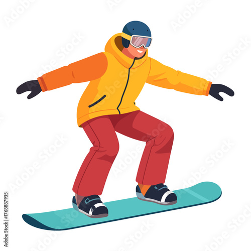 A happy person in a yellow jacket and red pants actively snowboarding on a blue board, enjoying winter sports.