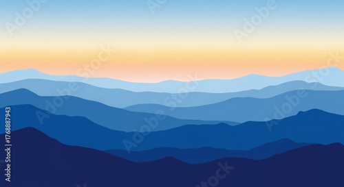 Blue mountain range silhouette with a gradient sky background.