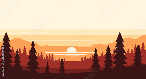 Flat design illustration of a serene forest landscape with pine trees silhouetted against a warm sunset over a calm lake and distant mountains.