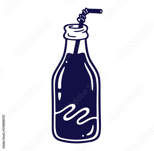 Simple hand drawn illustration of a soda bottle with a straw for refreshment and beverages