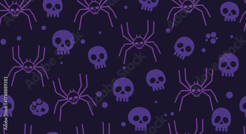 Spooky Halloween seamless pattern with cartoon spiders and skulls on a dark purple background.