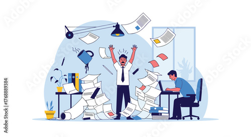 An office worker is overwhelmed by a chaotic avalanche of paperwork, screaming in frustration as documents fly around, while a colleague works calmly.