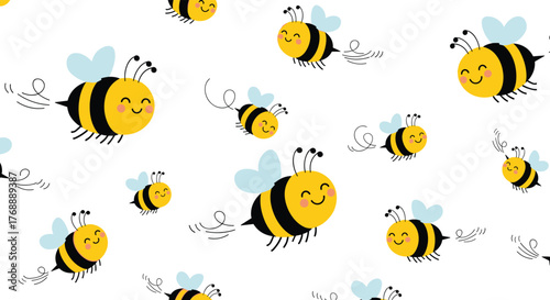 Sweet little cartoon bumblebees with blue wings happily flying in a delightful seamless pattern on a clean white background.