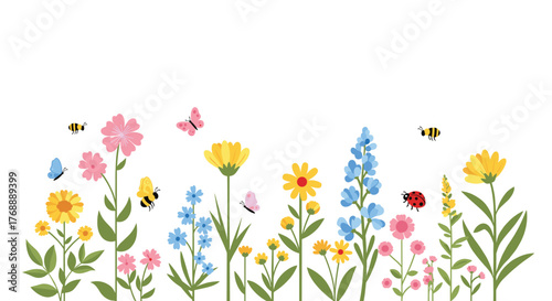 Cheerful cartoon spring and summer flowers in a vibrant meadow with buzzing bees, flying butterflies, and a ladybug, set against a plain white background.