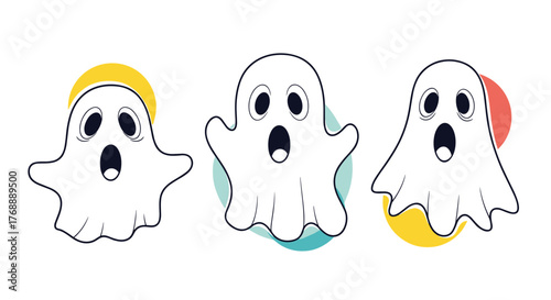 A whimsical trio of cartoon ghosts with wide-open mouths and expressive eyes, each floating in front of a colorful circle, perfect for Halloween fun.
