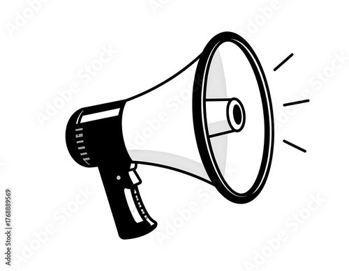 Stylized white megaphone with black accents on a solid black background, emitting a sense of announcement