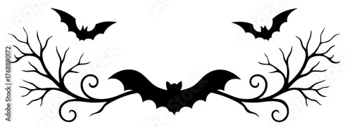 Forest border ornament with bats and tree branches — spooky horizontal header divider for halloween layout