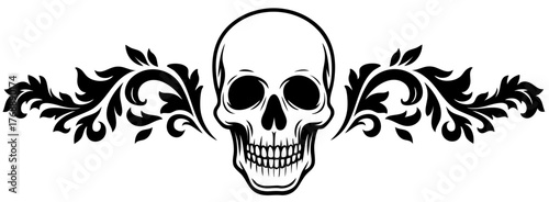 Vintage border with skull and floral curls — elegant gothic header ornament for halloween