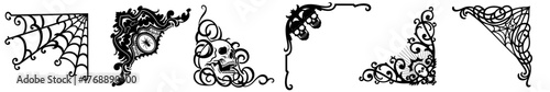 Halloween corner ornament set with gothic spider webs, skulls, curls, vines and vintage floral patterns — spooky ornate borders for horror decoration and frames