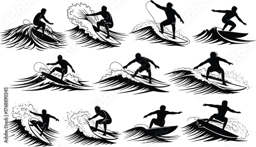 Silhouette surfers riding ocean waves performing extreme surf tricks and stunts in various dynamic poses on sea water sports vector illustration