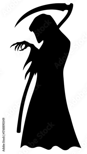 Halloween dark reaper silhouette with long robe and sharp claws, mysterious death figure holding scythe