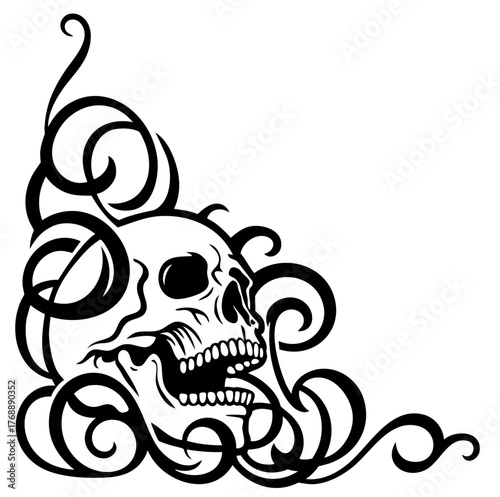 Halloween corner ornament with detailed skull and swirling curls — horror gothic border for spooky frame