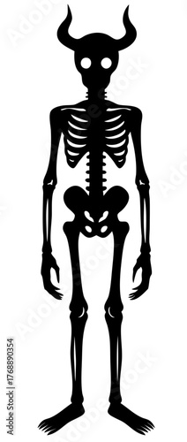 Halloween demon skeleton silhouette with horns and hollow eyes, creepy bony creature from hell