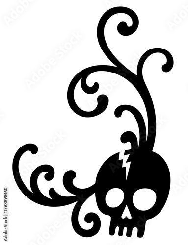 Halloween corner ornament with skull and curly vines — gothic border with spooky vintage flourish