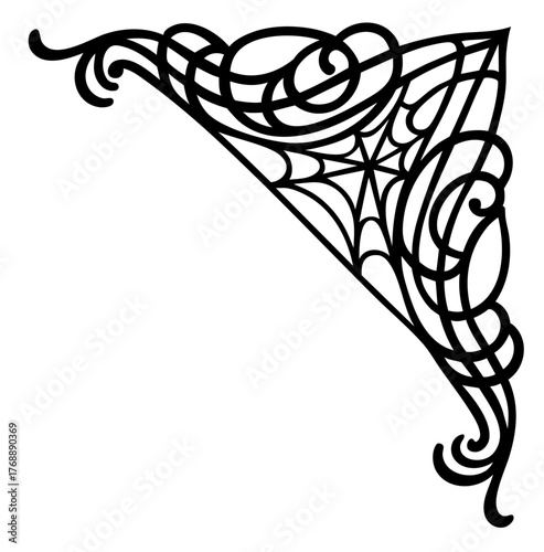 Halloween corner ornament with spider web and swirling curls — gothic vintage border for haunted decoration