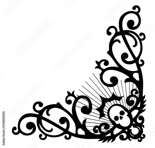 Halloween corner ornament with skull and decorative rays — ornate gothic border with swirling vintage lines