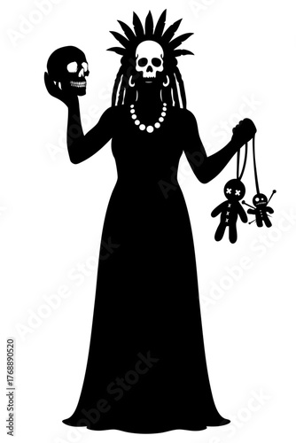 Halloween voodoo priestess silhouette holding skull and dolls, witch doctor woman with headdress and bones
