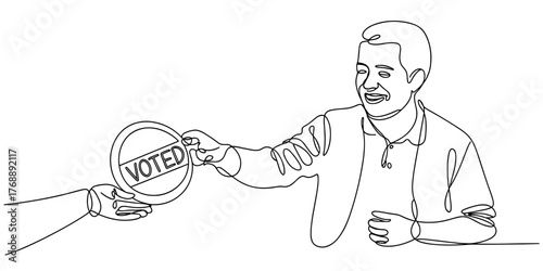 Continuous line drawing of a smiling man accepting a voted sticker from another hand, representing election participation, democracy, and civic pride.