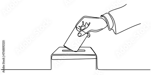 Continuous line drawing of a hand inserting a ballot into a box, symbolizing voting, democracy, election participation, and civic responsibility.