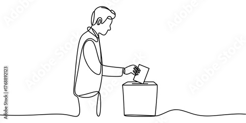 Minimal continuous line drawing of a man placing a paper ballot into a box, symbolizing voting, democracy, election, and civic participation.