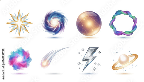 Watercolor elements for mystical fantasy concepts: Set of eight illustrations in celestial, cosmic, and magical themes for branding, web design, and social media