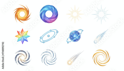 Space Collection - Watercolor Planet, Galaxy, Star, Sun, Meteor, Comet, Abstract Symbol Set - Universe Exploration & Design Elements