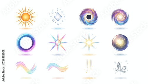 Set of diverse watercolor celestial elements: Sun, Galaxies, Crystals and Sparkles on white background for web and graphic design