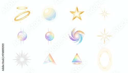 Collection of magical sparkling elements: celestial halo, star, orb, prism icons - fantasy graphics for festive design or ethereal themes