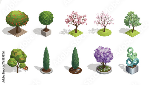 Isometric Trees Set: Diverse Landscape Elements for City Planning and Architectural Visualization - Garden, Urban, and Decorative Plants