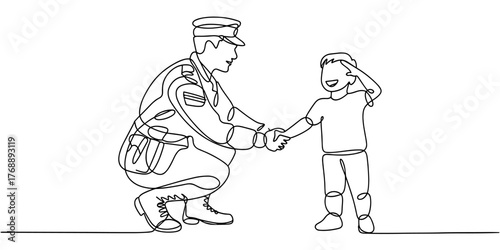 a soldier kneeling to shake hands with a saluting child, symbolizing respect, pride, and inspiration.