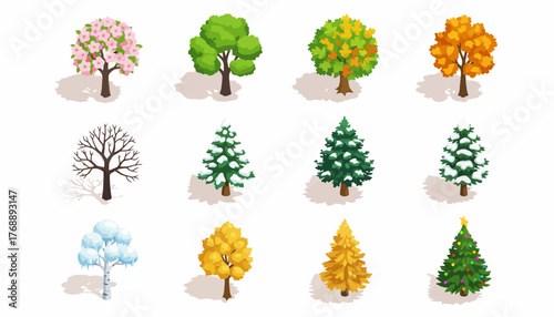 Isometric tree seasons vector pack: Spring blossoms, summer greens, autumn leaves, winter snow and Christmas trees for game design and infographic elements