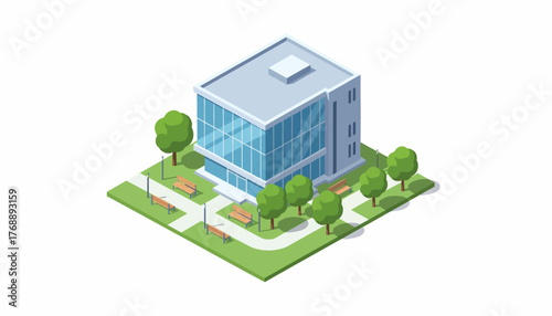 Isometric Business Center Icon with Glass Facade, Outdoor Park Benches and Landscaping for Business Presentations and Infographics