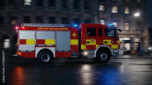 Red and Yellow Firetruck Driving on Wet City Street at Night