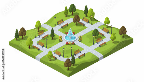 Isometric Park Illustration: Fountain, Benches, and Trees - Public Space, Vector Design for City Planning and Green Initiatives