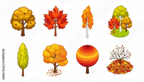 Collection of colorful cartoon autumn trees: maple, birch, oak vector illustration. Fall season nature icons for web design, graphic design, game assets