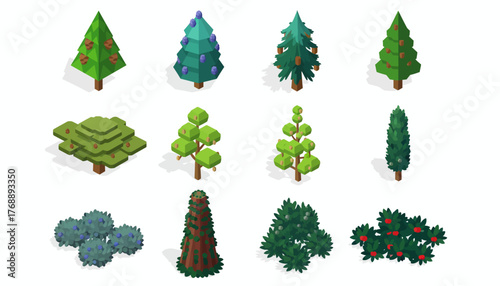 Isometric Trees and Bushes Set for Game Environment Design, Low-Poly Style, Isolated on White Background, Game Assets.