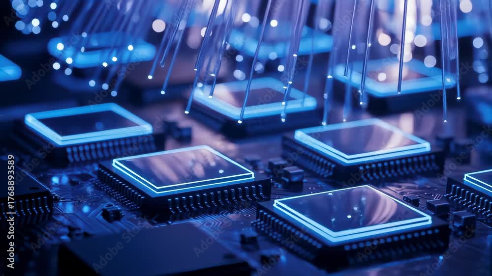 Glowing blue fiber optics transmit data to microchips on a circuit board, close-up with bokeh