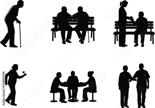 Silhouette scenes of elderly care, companionship, physical activity, and social interaction with caregivers in peaceful community and wellness settings