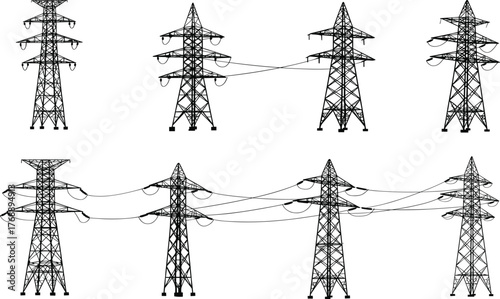 Silhouette vector of electrical transmission towers with high-voltage power lines, showcasing infrastructure design for energy, engineering, and urban planning use