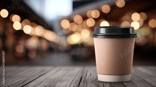A single brown paper coffee cup with a black lid on a wooden table in a dimly lit cafe.