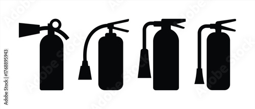 Fire extinguisher icon set in black flat style, includes safety, emergency, protection symbol and tool, fire control equipment and firefighting vectors illustration isolated on transparent background.