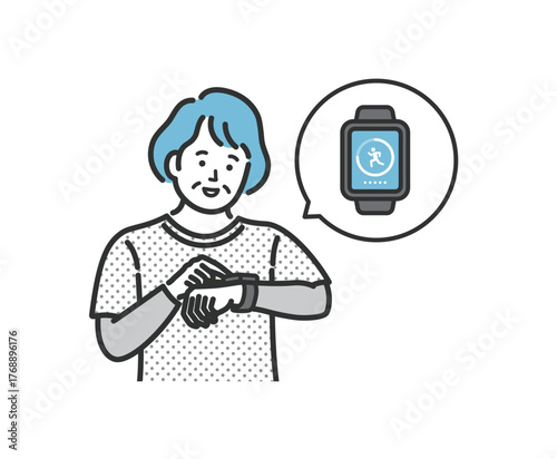 スマートウォッチで万歩計アプリを確認するシニア女性