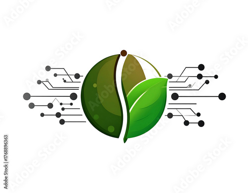Sphere icon divided with a green leaf element and digital circuit patterns against a black background