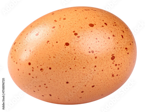 Speckled egg with brown spots, against a contrasting black background, lit softly from above