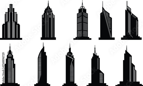 Silhouette vector of ten unique skyscrapers with modern architecture, urban skyline design, city buildings for creative, educational, and commercial use