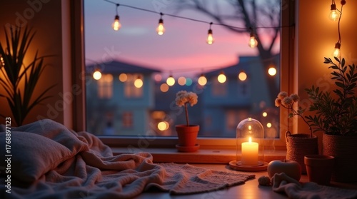 Fototapeta Naklejka Na Ścianę i Meble -  Interior scene depicts a cozy window setting adorned with soft pillows and blankets, featuring decorative lights, a burning candle under a glass dome, and small potted plants against the backdrop of