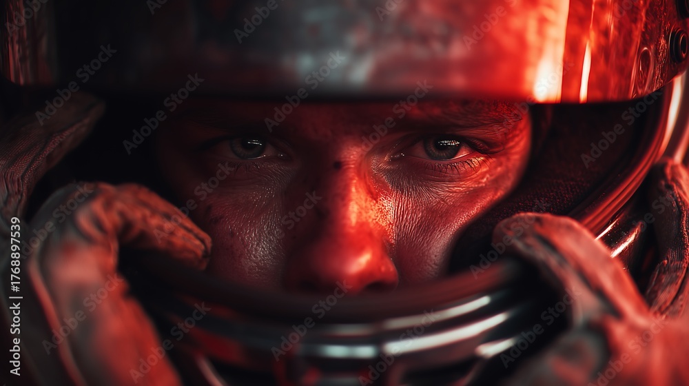 Naklejka premium Close-up of the driver putting on gloves, adjusting his helmet strap, taking a deep breath, the racetrack reflected in his visor, intense emotions.