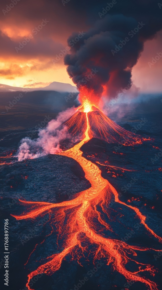 Fototapeta premium A volcanic eruption spewing lava streams at twilight
